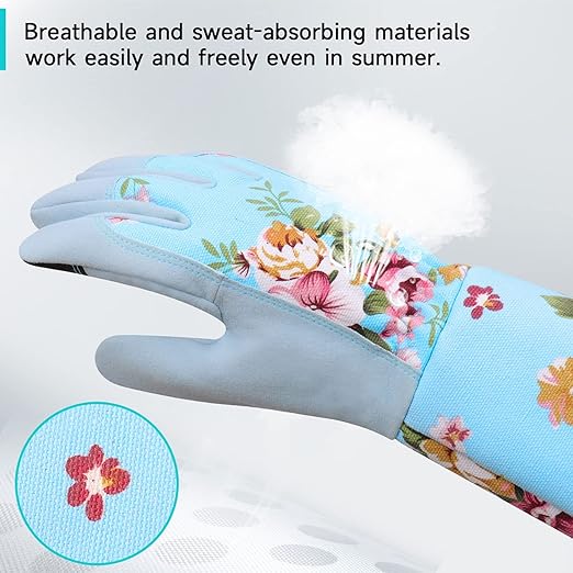 WANCHI Women's Long Arm Gardening Gloves, Flexible Hand Protection, Ergonomic Design for Digging, Trimming & Garden Maintenance, Blue Large