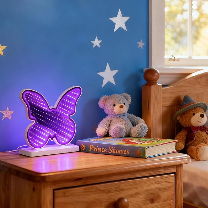 Butterfly Infinity Mirror Light, 3D LED Infinity Mirror Night Light with Endless Tunnel Effect, USB Powered 3D LED Lights for Kids Bedroom, Whimsical Garden Gift for Teens & Girls, 10.2"x7.7"