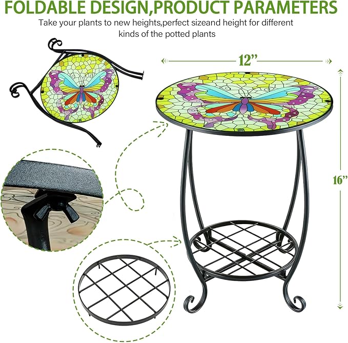 Arbuxzuy 12 Inch Small Outdoor Side Table with Colorful Butterfly, Glass Mosaic Patio Table Indoor, Round Plant Coffee Table for Living Room, Balcony, Garden（Butterfly Style）