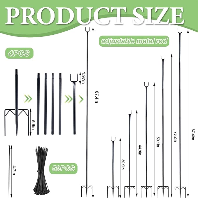 4 Pack 7.2ft Metal Garden Netting Support Stakes, Heavy Duty Garden Netting Pole with 50 Tie Rustproof Gardening Fence Stake Crop Cage Protection Post Frame for Support Fruits Garden Bed Plant Net
