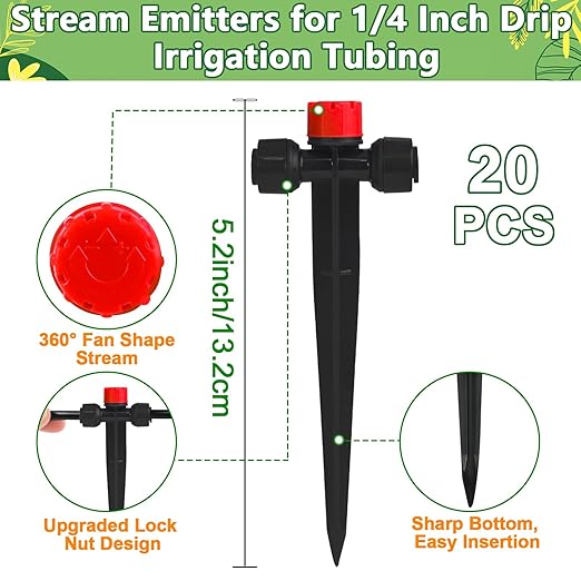 Push-to-Fit Drip Irrigation Emitters for 1/4" Drip Irrigation Tubing, 20 Pcs Adjustable 360 Degree Water Flow Drippers Sprayer on Stake 360° Full Circle Multi-Stream Irrigation In-line Dripper