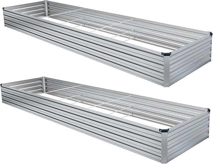Meberam 2 Pack 12x2x1FT Galvanized Raised Garden Bed Kit, Outdoor Metal Planter Box for Vegetables, Bottomless Rectangular Gardening Bed with Support Rods, Tool-Free Assembly, Silver