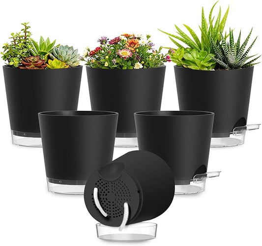 Plant Pots 6 Inch Self Watering Pots,6 Pack Plastic Planters with Drainage Holes and Clear Saucers,Plastic Flower Pots,Nursery Planting Pot for Indoor Out Door Plants (Black)