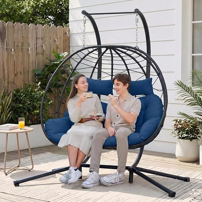 Easyego 2-Person Wicker Hanging Egg Chair with Stand- 700 lb Capacity, Indoor/Outdoor Double Egg Swing Hammock Chair for Patio, Garden, Porch, Living Room, Bedroom-Dark Blue