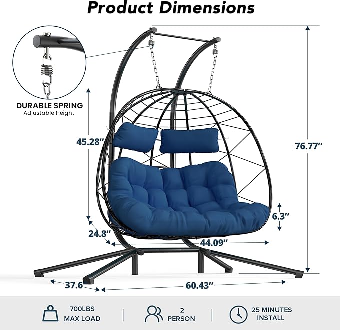 Easyego 2-Person Wicker Hanging Egg Chair with Stand- 700 lb Capacity, Indoor/Outdoor Double Egg Swing Hammock Chair for Patio, Garden, Porch, Living Room, Bedroom-Dark Blue
