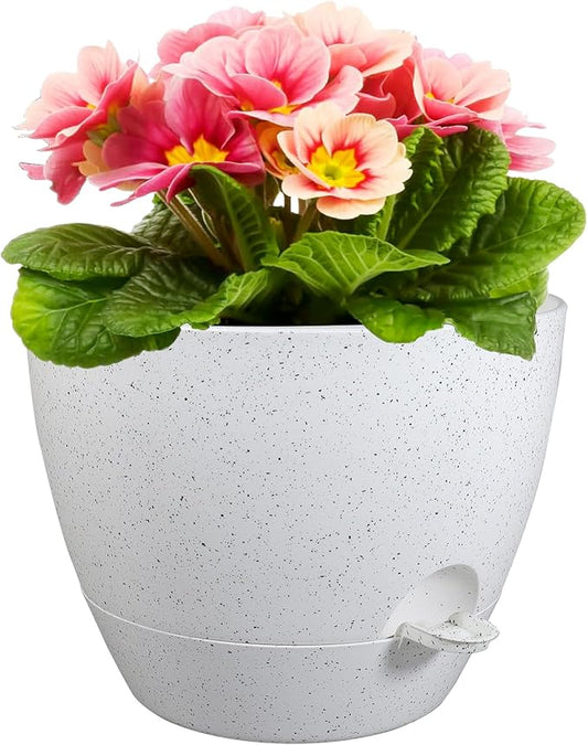 Meowell 12 inch Large Self Watering Pots for Indoor Outdoor Plants, Plant Pots with Mesh Drainage Holes for Garden House Plants, Plastic Planters with Reservoir for Flower, Speckled White