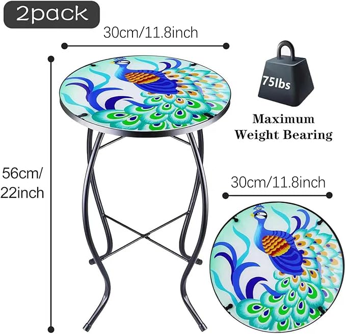 Arbuxzuy 2PCS 12 Inch Small Outdoor Side Table with Colorful Peacock, Glass Mosaic Patio Table Indoor, Round Plant Coffee Table for Living Room, Balcony, Garden