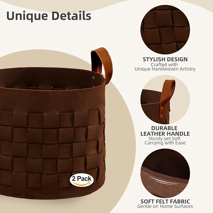 boldmonkey Blanket Basket 15 " x15 x13 2 Pack, Fabric Large Basket with Leather Handle, Dirt Clothes Laundry Basket Round for Babies, Dogs and Living Room-Brown