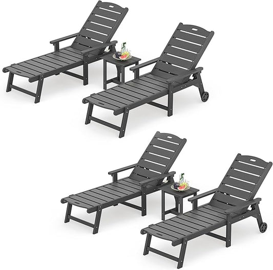 LUE BONA Chaise Lounge Chair with Table, 6-Piece, HDPS Chaise Lounger, 5 Positions Adjustable Lounge Chairs, Pool Lounge Chair with Wheels for Poolside, Backyard, Dark Gray