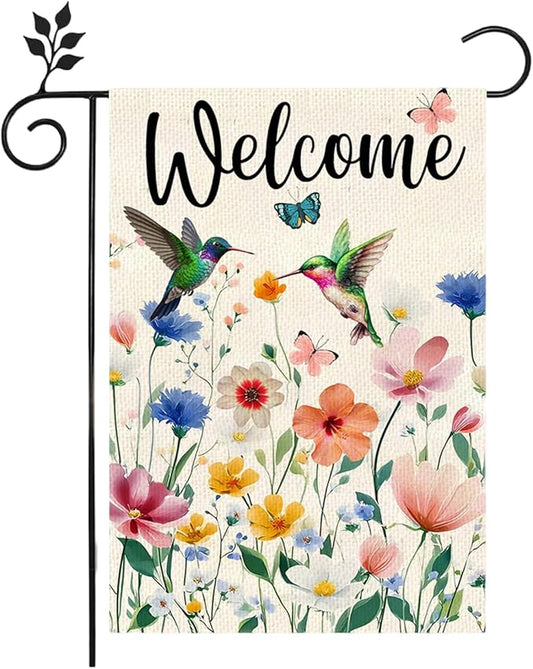 Spring Hummingbird Flowers welcome Garden Flag 12 x 18 Inch vertical Double Sided, outdoor Flag in spring and summer Suitable for Holiday yard decoration