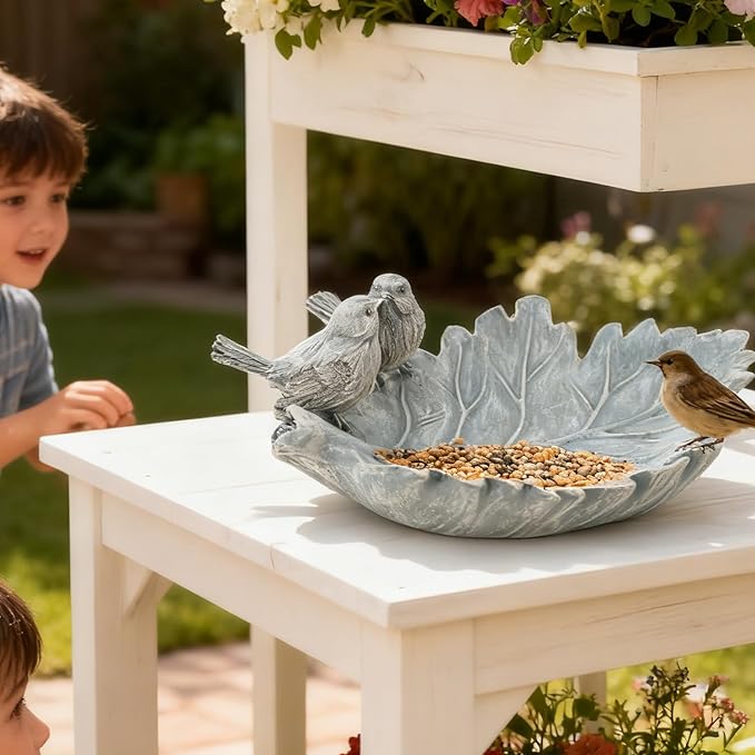 Bird Bath Bowl Outdoor Resin Stone Small Bird Bath and Bird Water Feeder for Outside with Cute Statue Patio Deck Balcony Ground Garden Decorations Birdfeeder Backyard Porch Decor