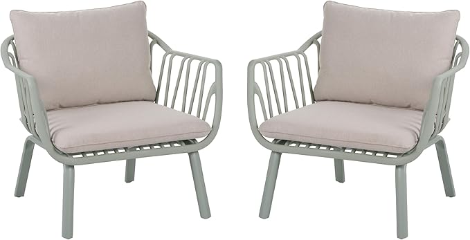 Christopher Knight Home Set of 2 Huron Indoor/Outdoor Polypropylene and Iron Frame Club Chairs,Patio Conversation Seating/Armchair for Garden, Backyard, Poolside,Removable Cushions, Light Green+Beige