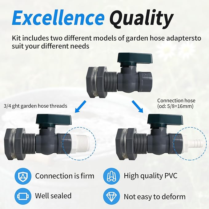Rain Barrel Spigot Kit with PVC Bulkhead Fitting Adapter, 3/4" Rain Barrel Valve Diverter Kit for Water Tanks, Garden Barrels (2 Pack)