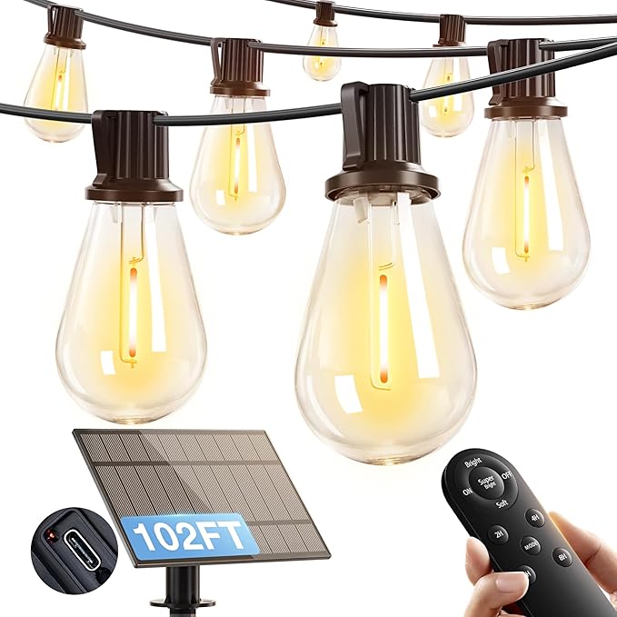 addlon 102FT(96FT+6) Solar String Lights Outdoor Waterproof with USB Port & Remote Control Solar Patio Lights for Outside Solar Powered with 34 LED Dimmable Bulbs for Porch Garden Deck Halloween