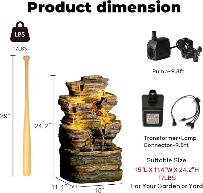 Bumilgar 24.2" H 6-Tier Outdoor Water Fountain, Features Rock Garden Waterfall Fountains with Warm Lights, Floor-Standing for Patio, Backyard, Deck, Porch, Home Décor, Brown