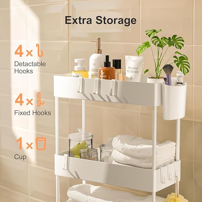 Pipishell 4 Tier Slim Storage Cart with Wheels, Laundry Cart, White