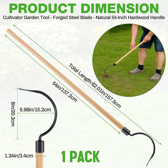 Long Handle Weeder Hook Garden Weeder Tool Versatile Cultivator Garden Tool 54 Inch Hardwood Handle with 8 Inch Alloy Steel Blade for Gardening,Yard, Lawn, Patio Digging, Edging, and Planting