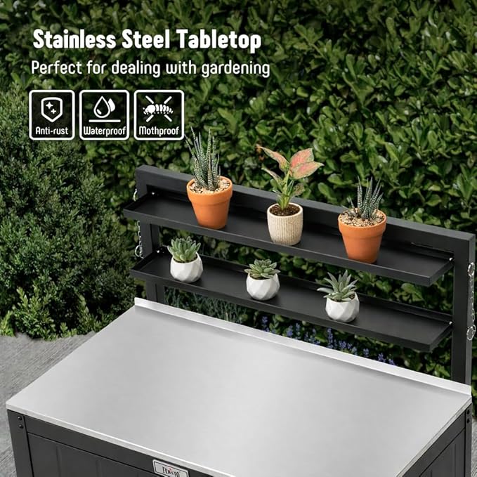 Feasto Garden Potting Bench with Storage Cabinet,Outdoor Gardening Table & Work Bench for Plants, Horticulture,Outdoor Workstation with Stainless Steel Tabletop,Outdoor Work Table with Elevated Rack