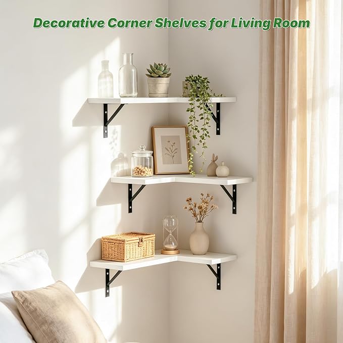 NATURE'S SOURCE Corner Floating Shelves Wall Mounted, White, Set of 3