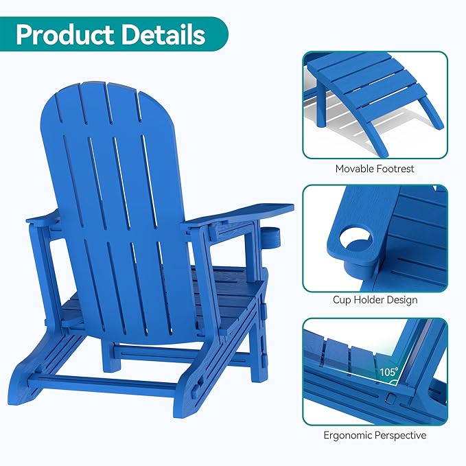 Vongrasig Adirondack Chairs Set of 2 with Removable Tabletop and Footrest, HDPE Plastic Outdoor Chair Set with Wooden Textured, Cup Holder for Patio, Poolside, Garden, Light Blue, 5 Pieces