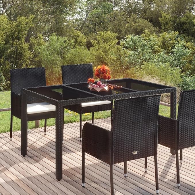 vidaXL Patio Dining Table with Glass Top - Outdoor Furniture, Poly Rattan Design, Stylish Black Finish, Easy to Assemble, Weather-, Durable and Stable, Size: 59.1"x35.4"x29.5"