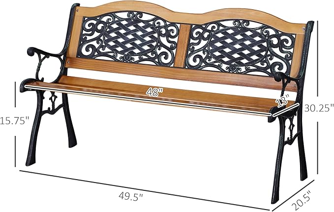 Outsunny 50" Outdoor Garden Bench, Park Bench with Pine Wood Seat, Antique Plastic Flourish Backrest, Patio Loveseat for Porch, Backyard, Deck, Lawn, Outside Pool, Antique Green and Natural Wood