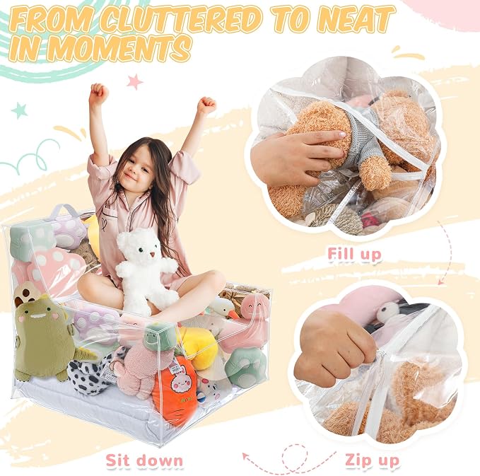 Teenyyou Stuffed Animal Storage Bean Bag Chair Sofa Cover Zipper Large Transparent PVC Stuffed Animal Organizer Bean Bag Seat Only for Organizing Rooms Plush Toys When Filled (Sofa Style,24.8 Inch)