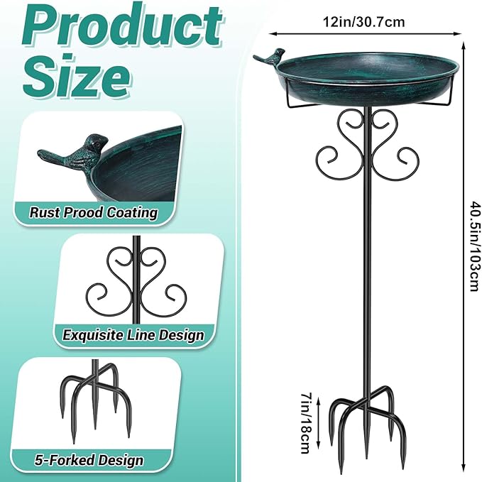 Metal Bird Bath for Outdoors, Vintage Freestanding Birdbaths with Bird Statue 12" Detachable Birdfeeder Bowl with 5- Pronged Base for Outside Garden Patio Yard Lawn Decor (Vintage Green)
