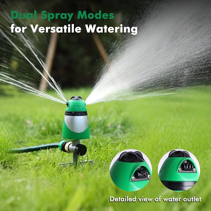 RESTMO Unique Design 2-Pattern Pulsating Sprinkler with Zinc Alloy Spike Base, Heavy Duty Lawn Sprinkler for Garden, Plants, Flower Beds & Large Yard Watering, Adjustable Tabs for Flexible Coverage