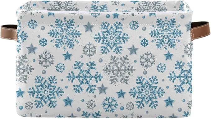 Wamika Winter Snowflake Blue Sliver Storage Basket Fabric Laundry Baskets Christmas Bells Xmas Snowman Boxes Organizer Bag for Baby Cloth Dog Toy Book Cubes Shelf Closet Bins 16×12×8 Inches