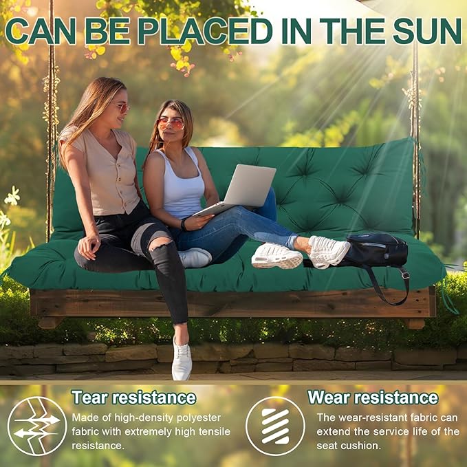 Premium 5" Thick Waterproof Outdoor Swing Cushions 3 Seater Sturdy Durable Porch Cushions 58 inch with Backrest&Ties Swing Cushions for Outdoor Furniture Backyard (Dark Green, 58x40x5inches)
