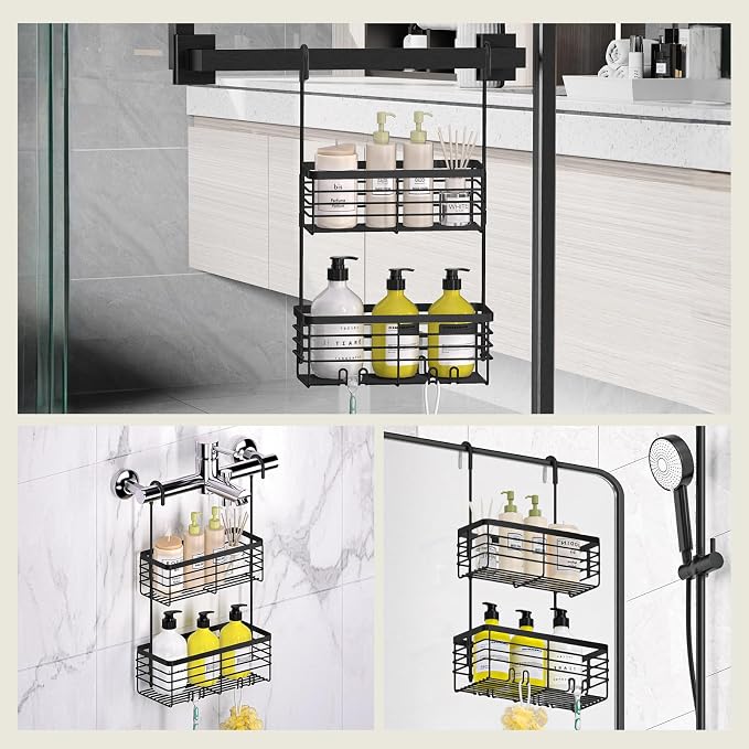 DELLAN 2-Tier Shower Hanging Caddy, Shower Rack with Hooks, Black