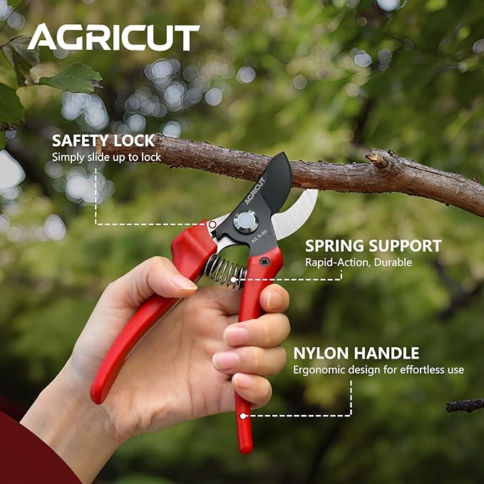 AGRICUT Pruning Shears, 7/8-Inch Cut Capacity Hand Clippers, Bypass Pruners, Gardening Scissors with Sharp Steel Blade (Nylon Handle, High Carbon Steel)