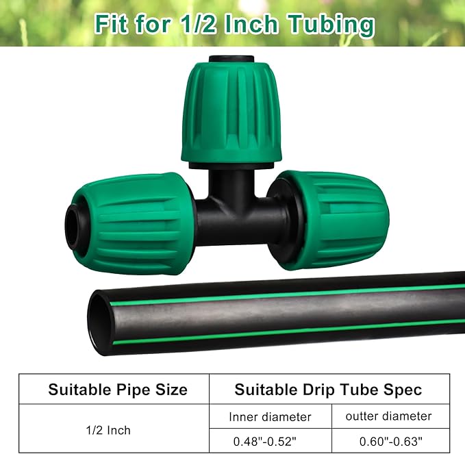 JAYEE 1/2 Inch Drip Irrigation Fittings, 12 Pcs Lock Barbed Tee for 1/2 In Vinyl Tubing, Drip Line Parts 3-Way Tees Irrigation Connectors for Drip Sprinkler Garden Lawn Watering Systems, Green