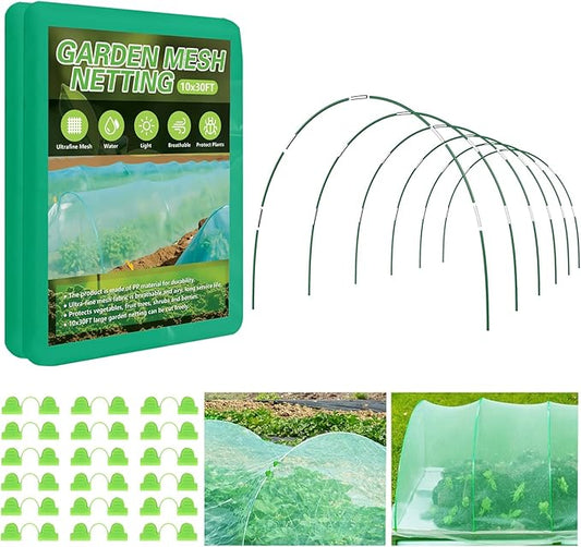 Garden Netting Kit for Raised Beds, 10x30FT Green Ultra Fine Mesh Netting ＆6 Sets of 8FT Garden Hoops, Insect Netting Row Cover Net Protect Plants Vegetable Fruits Flowers