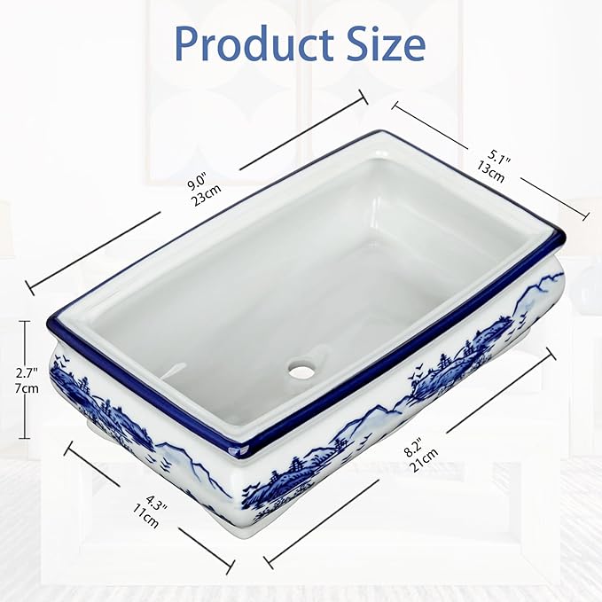 Blue and White Ceramic Bonsai Pot Large Shallow Bonsai Trees Pot Planter for Outdoor Use, 9" Ceramic Plant Pots with Drainage Hole for Cacti, Orchids, Succulents, Bonzie Tree Pots for Patio, Garden