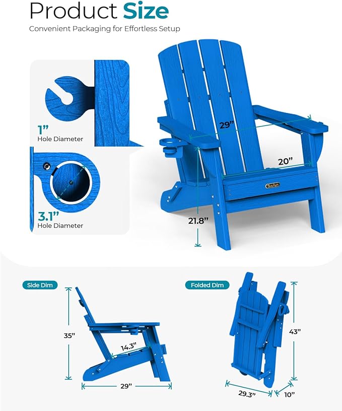 Folding Adirondack Chair, HDPE All-Weather Fire Pit Chairs, Plastic Adirondack Chairs with 2 Cup Holder, Outdoor Lawn Chair for Patio Garden (Royal Blue)
