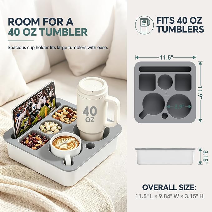 Couch Cup Holder Tray, Anti-Spill Couch Caddy, White-Black