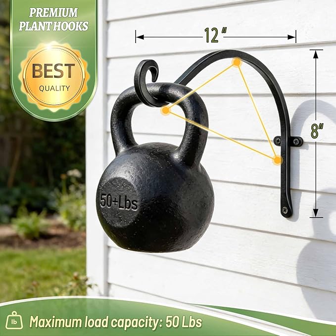 AJART Hanging Plant Hanger Outdoor: 12-Inch Metal Bird Feeder Wall Hooks - 4 Pieces Black Plant Bracket Hook for Hanging Flower Baskets