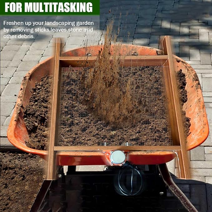 Large Soil Sifter with Vibration Motor, 29.5" x 20" Automatic Wooden Sifting Screen, Stainless Steel Mesh for Gardening, Sand Sifter for Use in Wheelbarrow, Compost Sifter