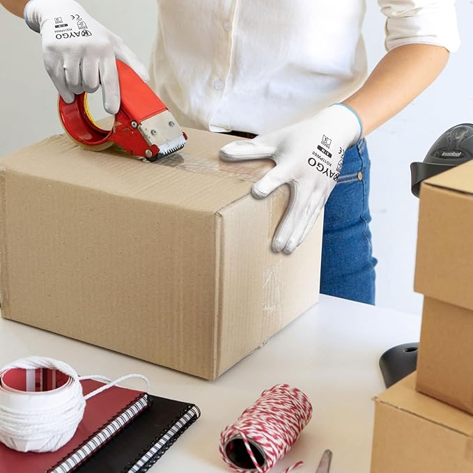 KAYGO Work Gloves for Men and Women, 12 Pairs Seamless Knit PU Coated Safety Gloves, with Smooth Grip on Palm and Fingers, Ideal for Light Warehouse, Manufacturing, Gardening, KG11P (M, White)