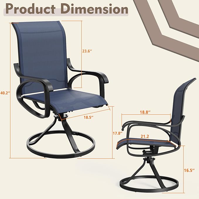 Patio Swivel Chairs Set of 2, All Weather Outdoor Rocking Chair with Textilene Breathable Back, Metal Frame, Patio Dining Chair for Backyard, Garde, Porch and Deck (2, Dark Blue)