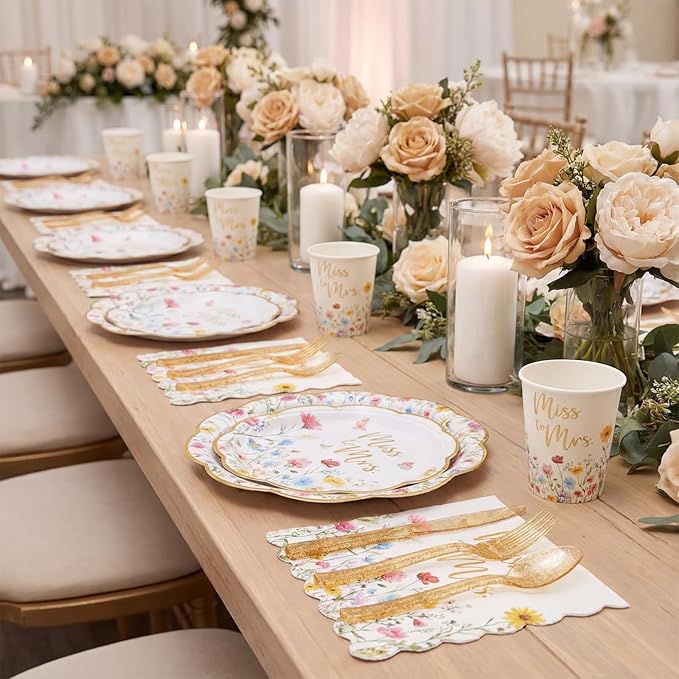 Funnymoom 400 Pcs Wildflower Bridal Shower Party Supplies for 50 Guests Floral Miss to Mrs Paper Plates and Napkins Knives Spoon Fork Cup Disposable Dinner for Women Wedding Engagement Party Favor