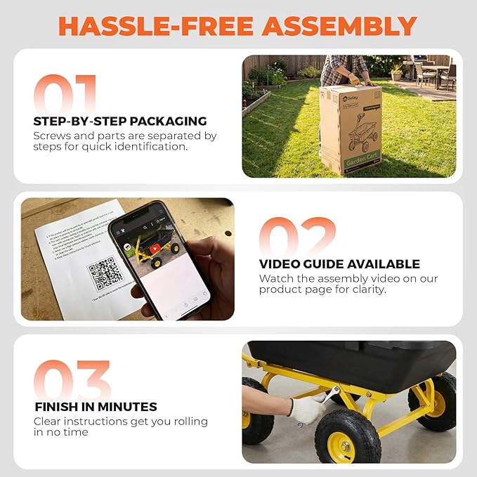 Sekey 1000lbs Garden Dump Cart for Seniors, Capacity Yard Wagon with Rubber Tires, Quick-Release Dumping & Easy-Maneuver Handle for Soil, Rocks, and Firewood, Black
