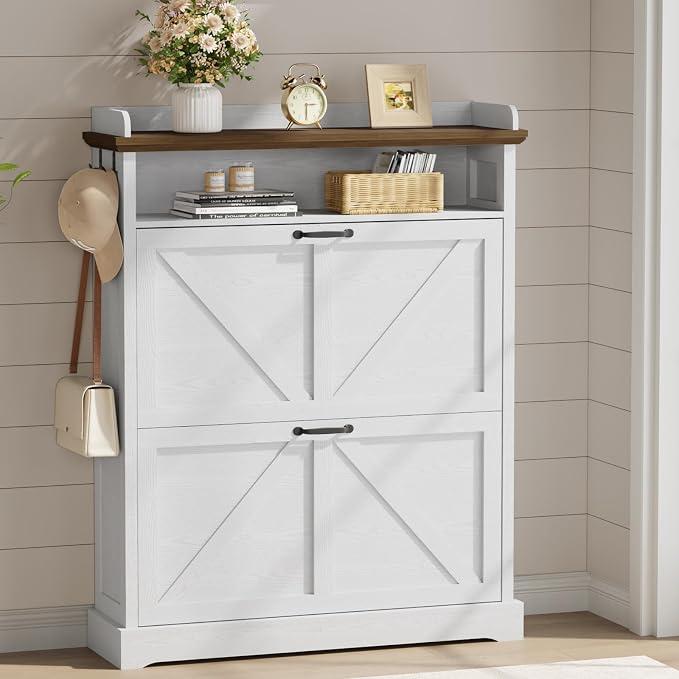 Farmhouse Shoe Cabinet with 2 Flip Drawers & Open Storage, 31.5" W White