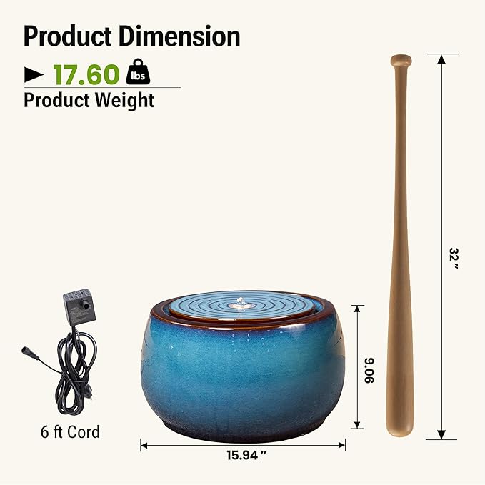 9-Inch Outdoor Water Fountain, Indoor Round Bubbler Water Feature with LED Light, Eastern Ceramic Waterfall Fountain, Classic Decor for Garden, Patio, Yard, Porch, Deck, Balcony in Blue