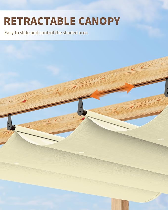 KYBOLT 10x10 Ft Outdoor Pergola with Retractable Canopy Aluminum Imitation Wood Grain Metal Patio Pergola for Backyard Deck Porch Grape Trellis(Beige)