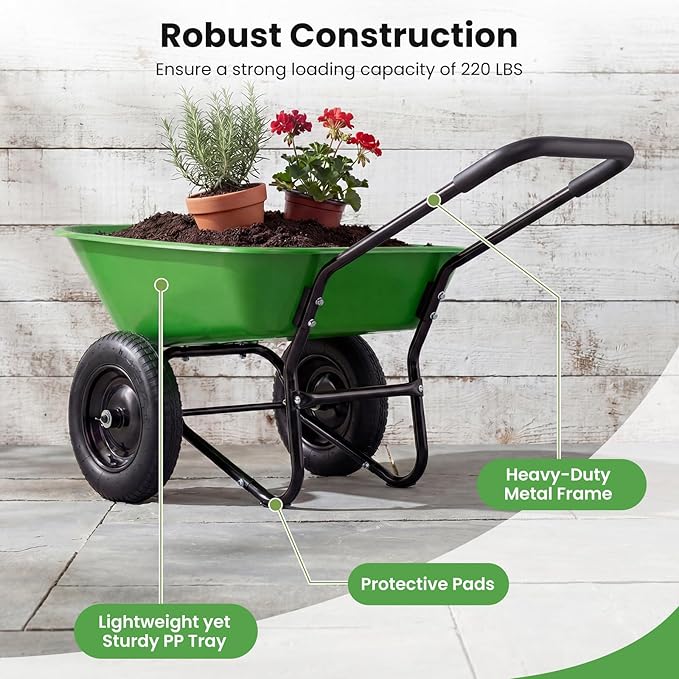 Enlarged Dual-Wheel Wheelbarrow, Easy Loading and Dumping Garden Cart, Heavy Duty Utility Dump Cart for Lawn, Yard, Farm, Gardening & Planting (Bright Green)