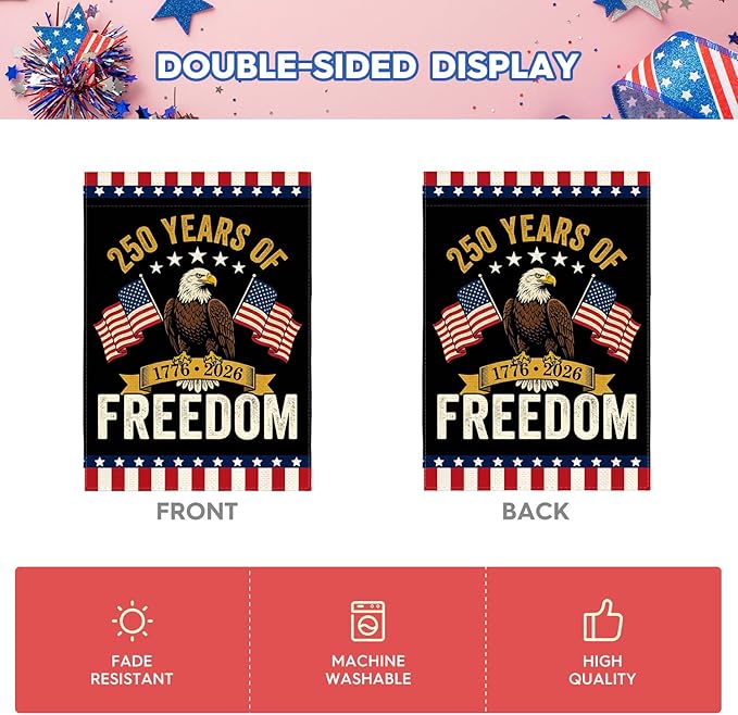 AVOIN colorlife Patriotic 250 Years of Freedom House Flag 28x40 Inch Double Sided Outside, 4th of July American 250th Anniversary 1776-2026 Yard Outdoor Decoration