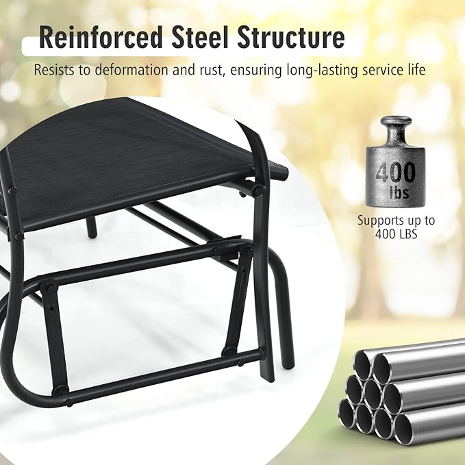 Tangkula 2-Person Patio Glider Bench, Outdoor Rocker Glider Loveseat Chair W/Heavy-Duty Steel Frame, Breathable Seat Fabric, Rocking Lounge Chair for Poolside, Garden, Backyard (Black)